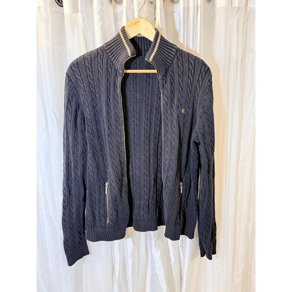 Lauren Ralph Lauren Cardigan Women L Navy Blue Cable Knit Full Zip Mock Neck